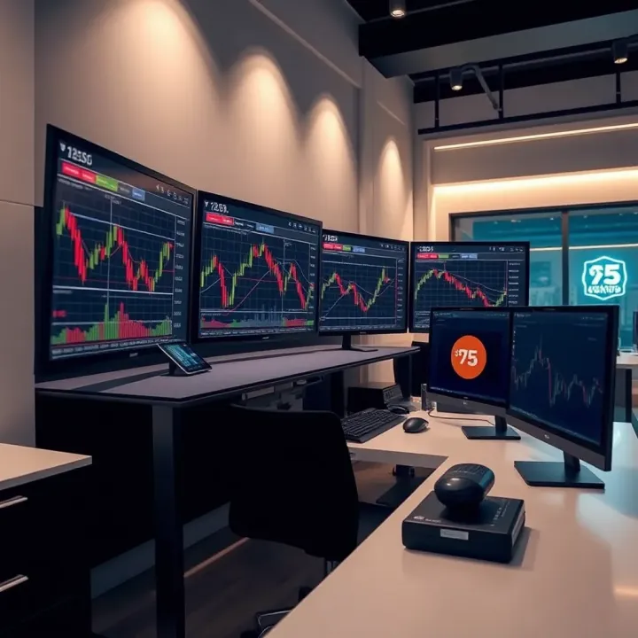 Vibrant forex trading setup with multiple screens displaying dynamic currency charts and a sleek modern workspace