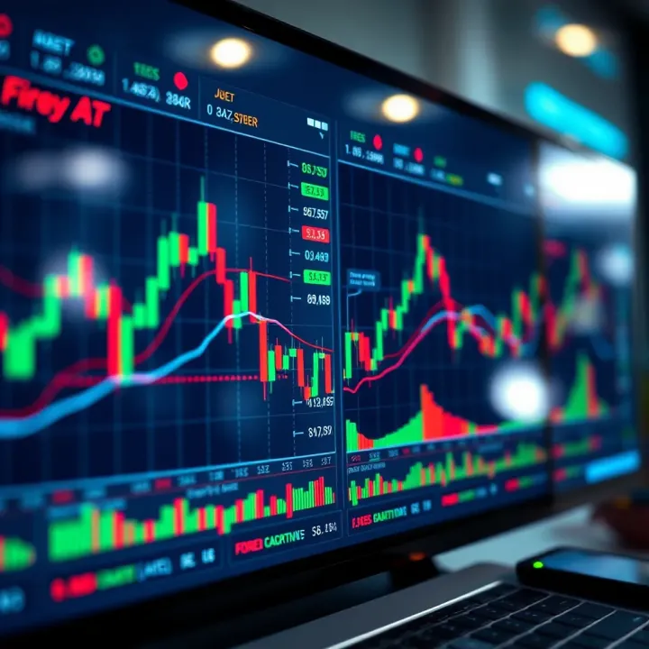 Forex Market Analysis with Advanced Charting Tools Graph showing forex market trends with indicators and candlestick patterns