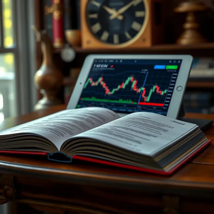 Open book displaying forex trading charts and data on digital tablet screen