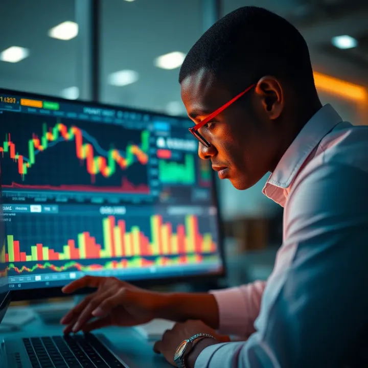 South African financial professional analyzing risk management charts on a digital screen