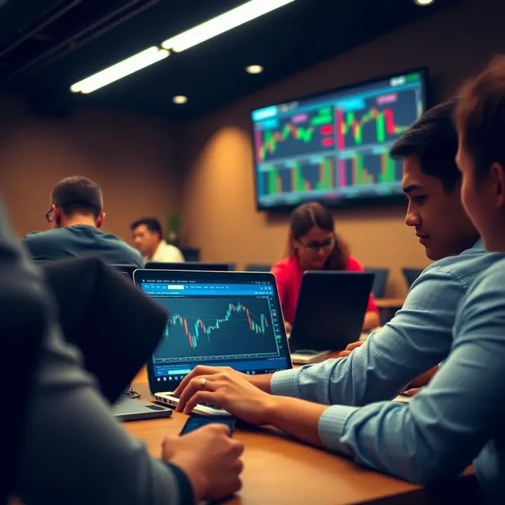 Classroom setting with students learning forex trading concepts on laptops