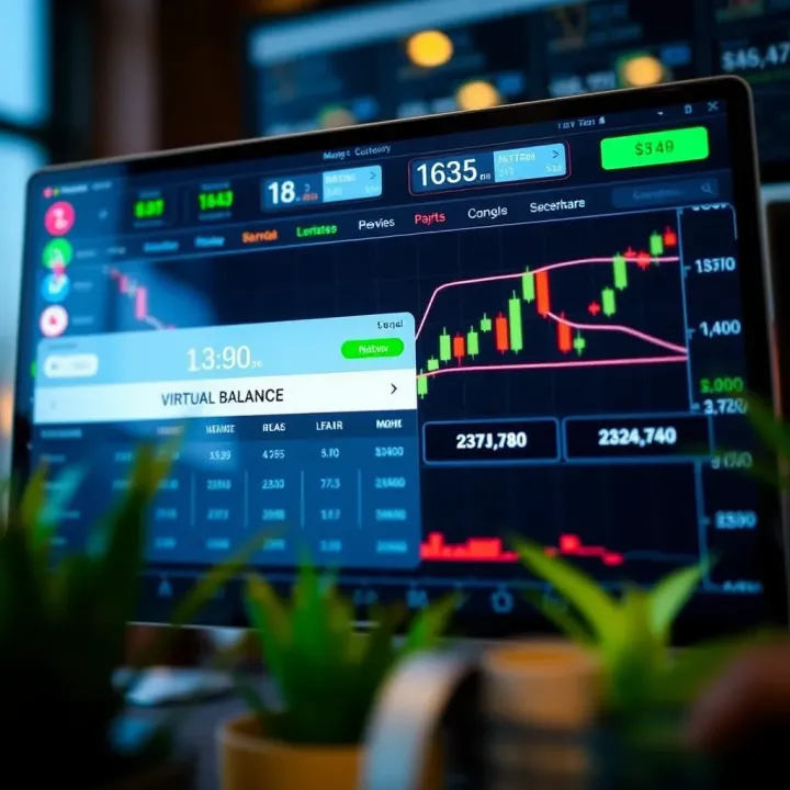 Forex trading platform interface showing virtual balance and currency pairs for practice trading
