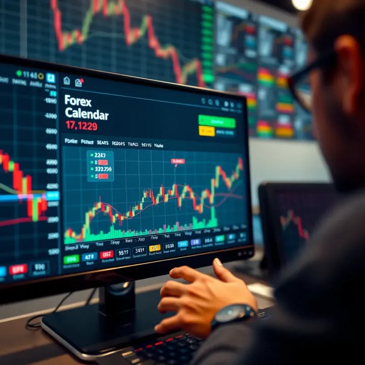 Forex trader analyzing economic calendar data on a digital dashboard with currency charts in the background