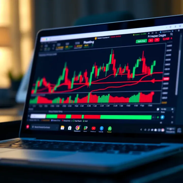 Laptop screen displaying a forex trading platform with charts and indicators
