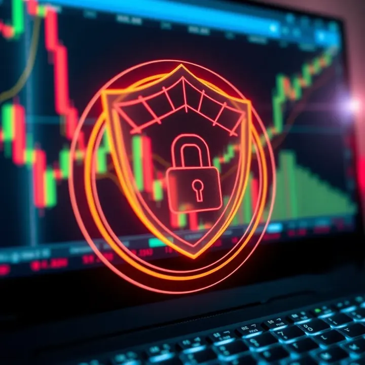 Security shield icon overlaid on a digital background symbolizing protection of forex trading apps