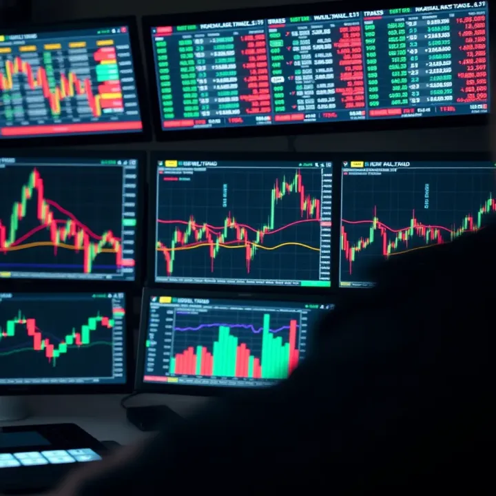 Conceptual illustration of automated algorithms managing trades on multiple screens