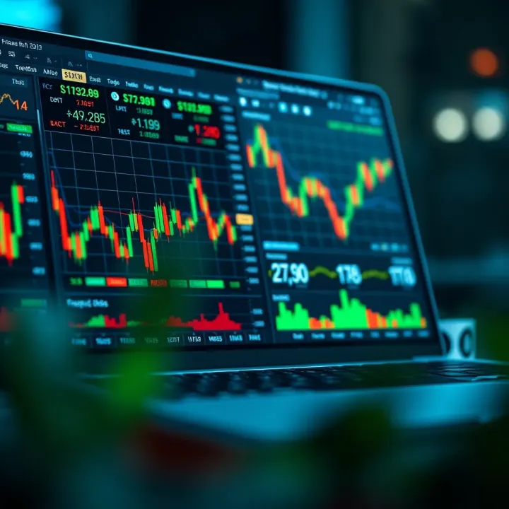 Illustration of a laptop displaying forex trading charts and financial data