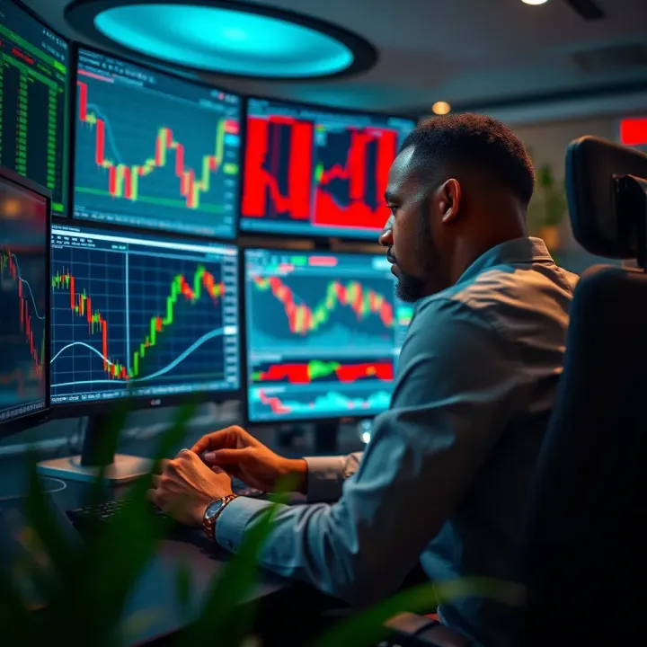 Trader analyzing financial charts on multiple monitors in a modern trading setup
