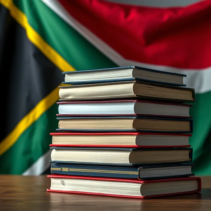 Stack of forex trading books with a South African flag in the background