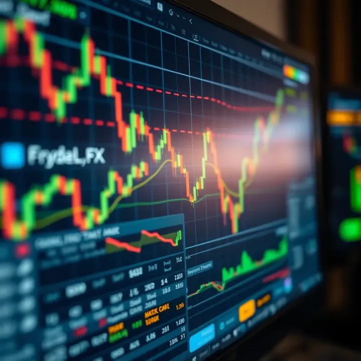 Close-up of a computer screen displaying forex trading charts and analytical tools