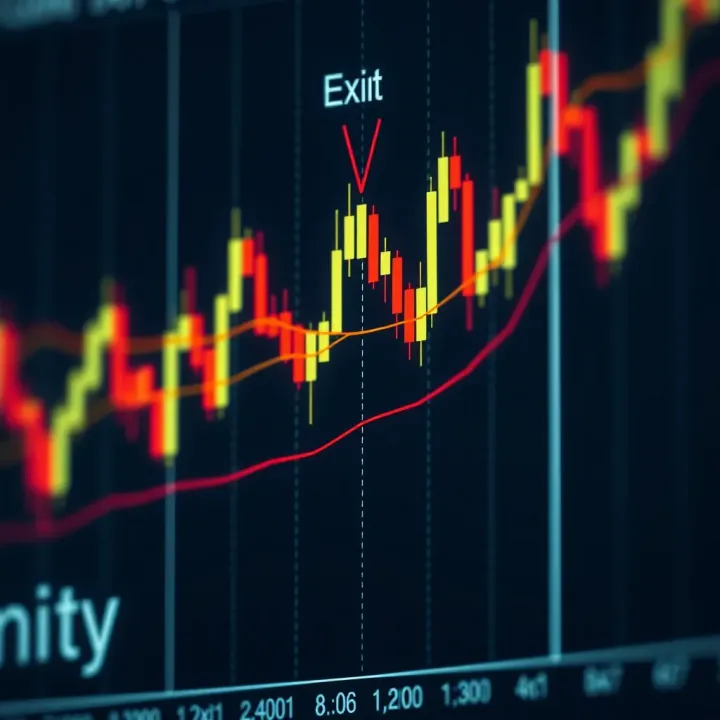 Candlestick chart displaying currency pair movement with highlighted entry and exit points