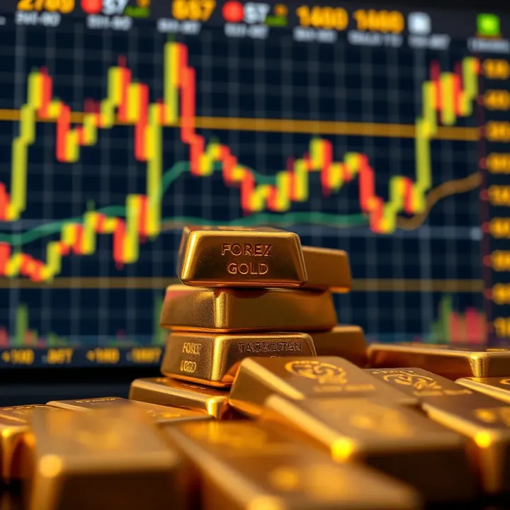 Golden bars stacked with fluctuating forex market charts in the background