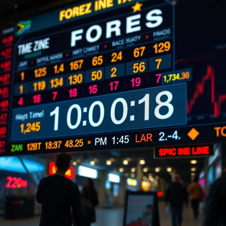 Forex trading market hours with highlighted South African time zone and global currency exchange symbols