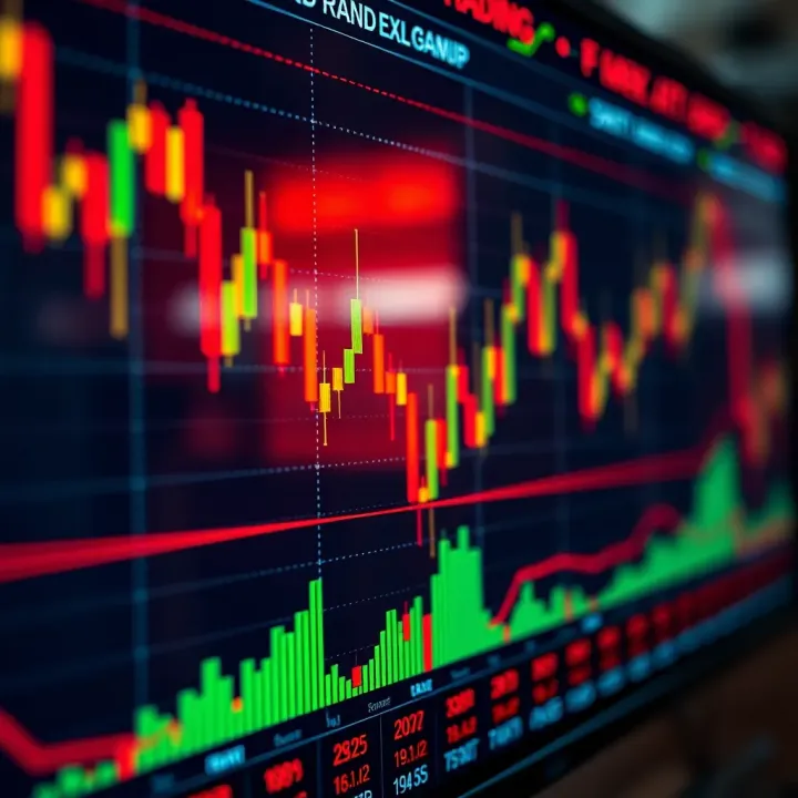 A digital trading screen showing forex charts with South African Rand currency symbols