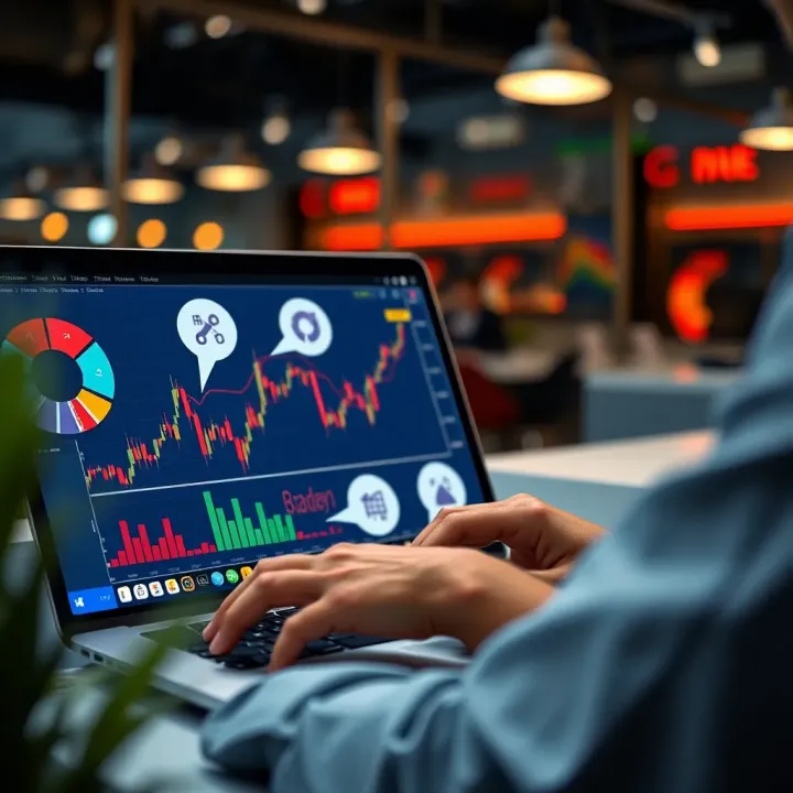 Illustration of a person analyzing charts on a laptop with risk management icons