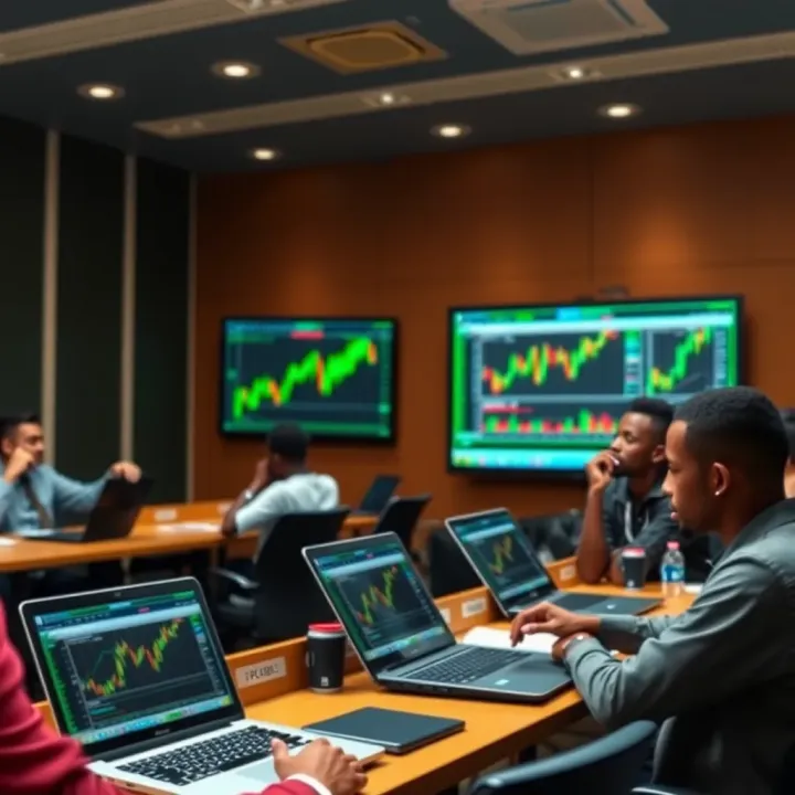 Classroom setting with students learning forex trading concepts on laptops