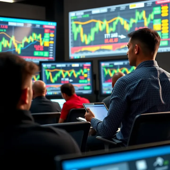 Group of traders attending a forex seminar with charts and graphs displayed on a screen