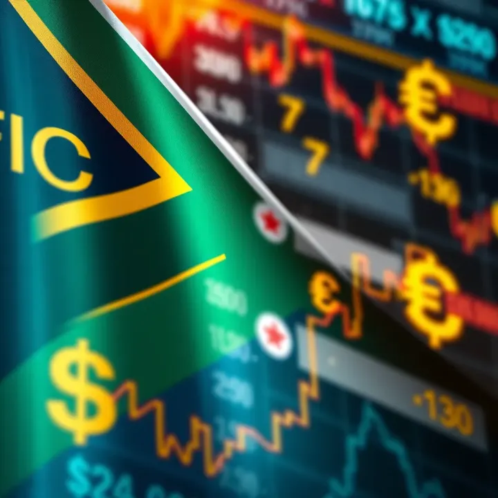 South African flag with financial charts and currency symbols overlay