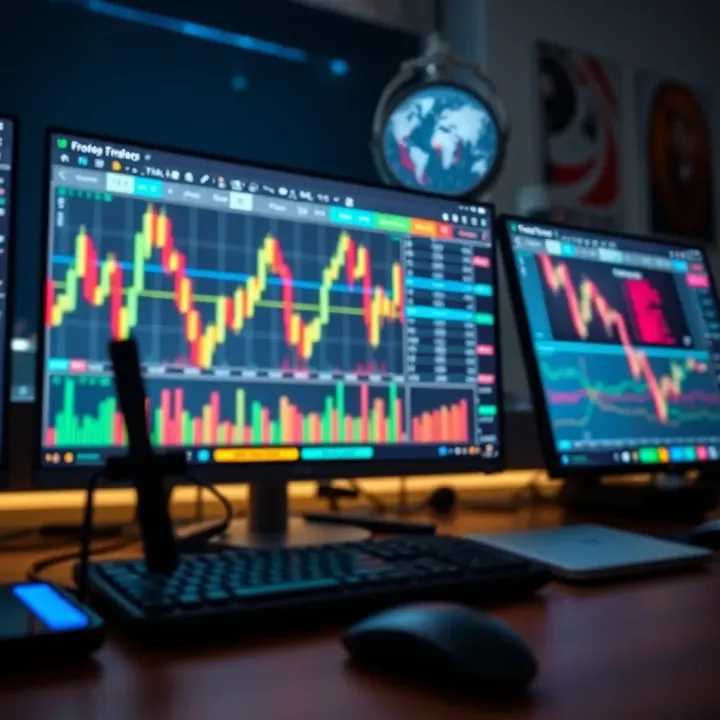 Desktop setup showing forex trading platform interface with graphs indicators and risk management tools