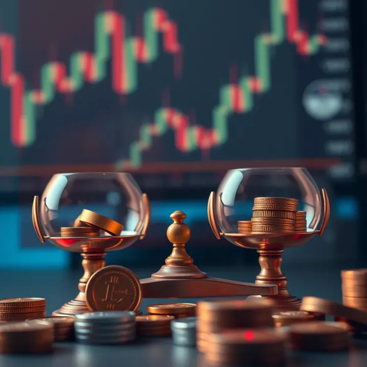 Conceptual illustration of risk management in trading with balance scales and financial symbols