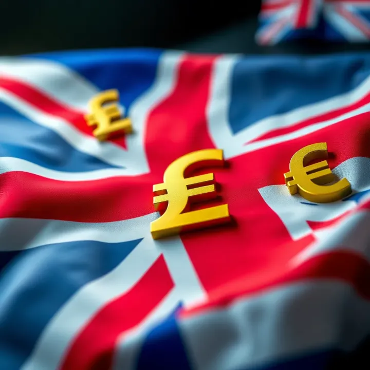 Illustration showing the United Kingdom flag with currency symbols representing forex trading