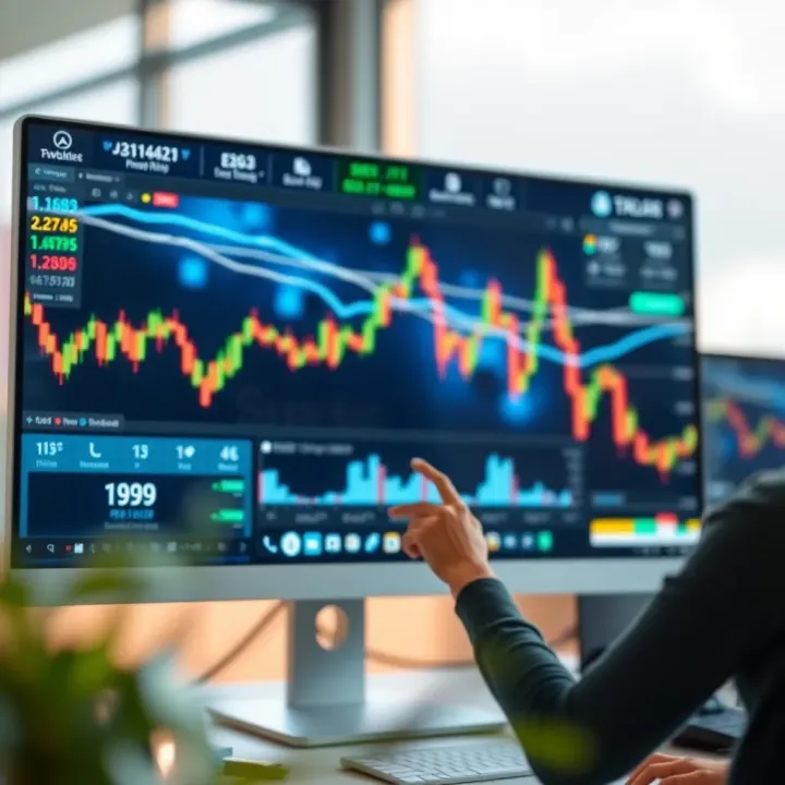 Close-up of a computer monitor displaying a serene forex trading wallpaper with abstract financial graphics