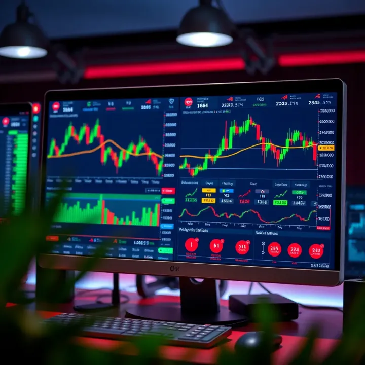 Desktop screen displaying binary options trading platform with charts and financial data