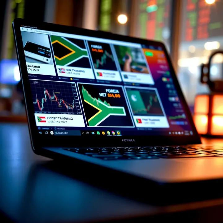 Laptop screen displaying various free forex trading course modules with South African flag icon
