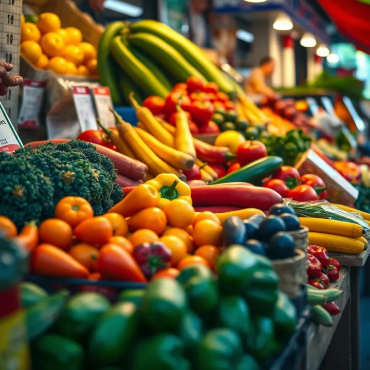 Fresh colorful fruits and vegetables displayed at a bustling local market stall