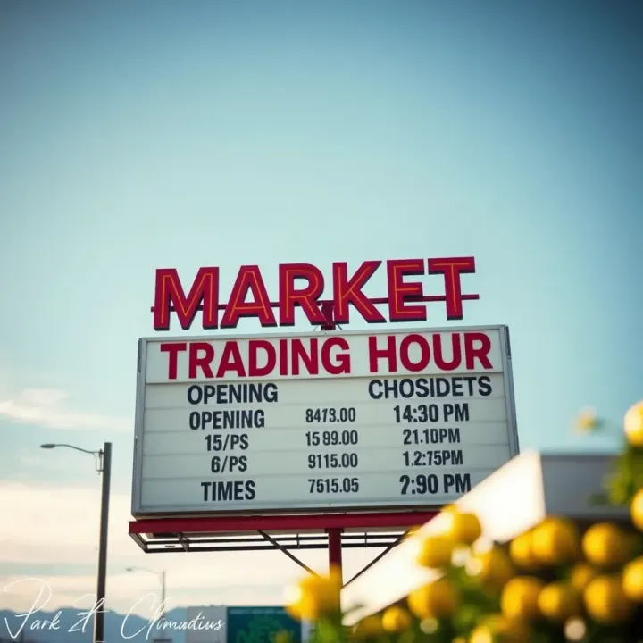 Market signage showing opening and closing times against a clear sky background