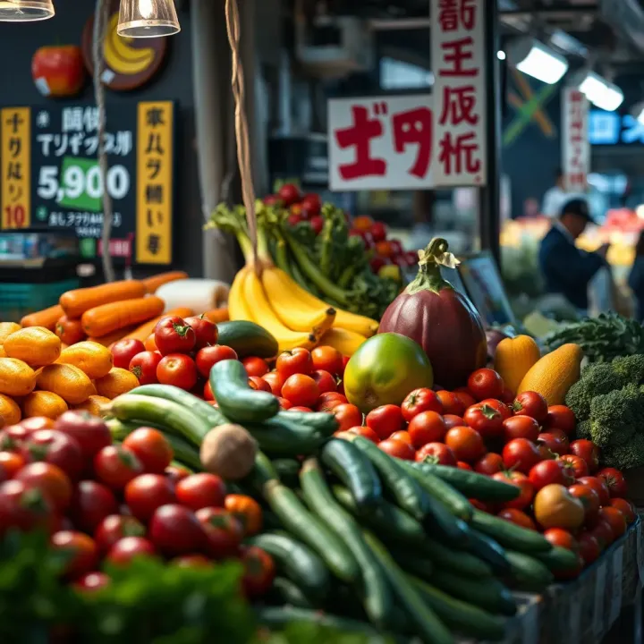 Vibrant display of fresh fruits and vegetables at a market stall in Tokai
