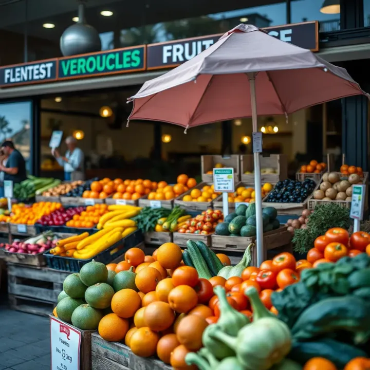Local store front showing fresh seasonal fruits and vegetables arranged neatly for customers