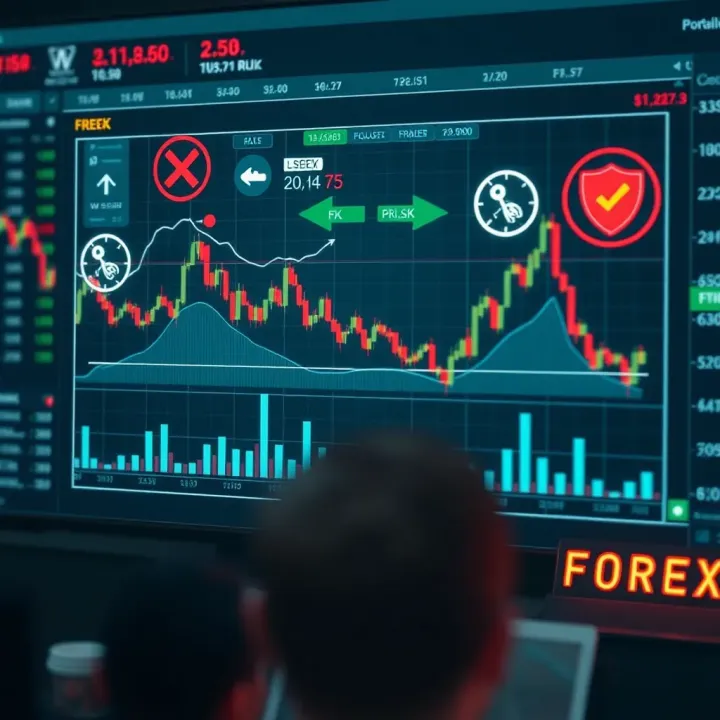 Illustration of risk management strategies with charts and protective symbols in forex trading
