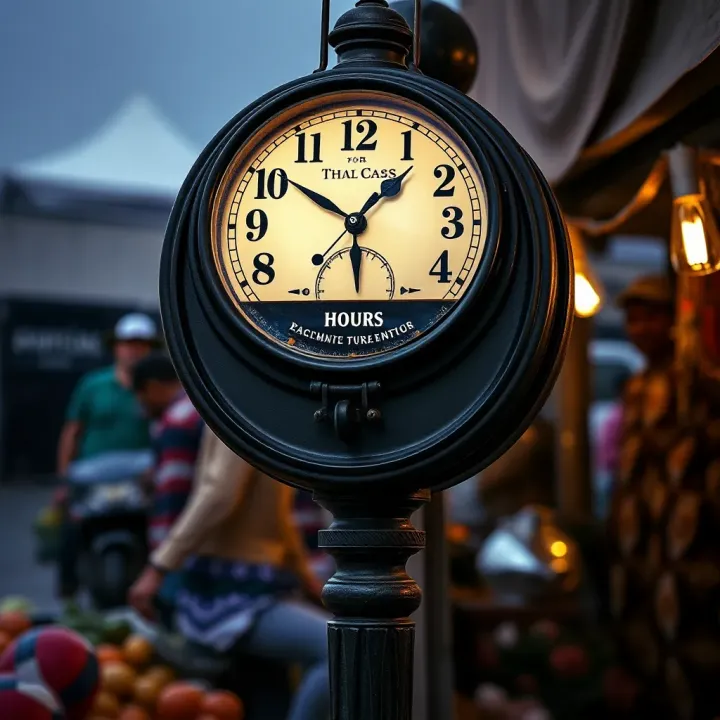 Clock illustrating typical trading hours for game transactions in an outdoor market setting