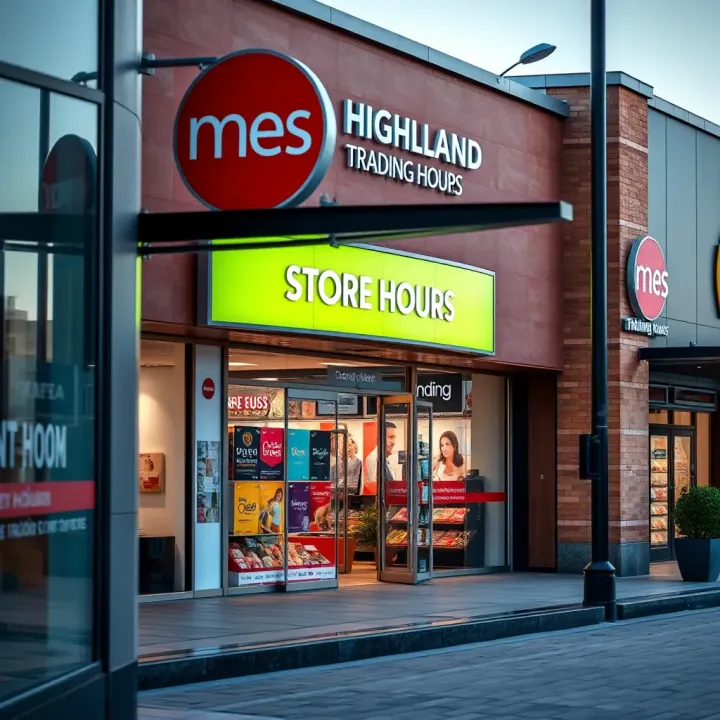 Shopping center exterior with visible store hours sign