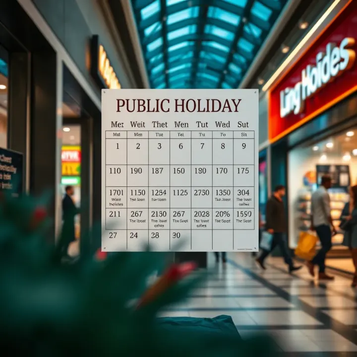 Calendar highlighting public holidays affecting store schedules
