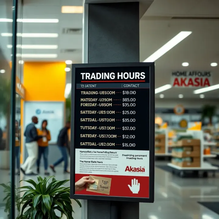 Informational board displaying Home Affairs trading hours and contact information