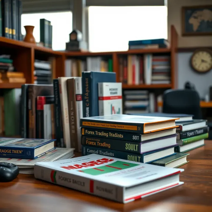 Collection of forex trading books and e-books arranged on a wooden desk