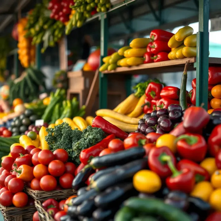 Fresh colorful fruits and vegetables displayed at an outdoor market stall in Kenilworth