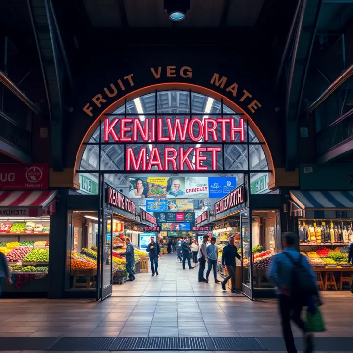 Entrance to a bustling Kenilworth fruit and vegetable market with various stalls and shoppers