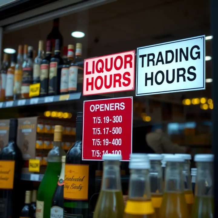 Storefront displaying liquor bottles with visible trading hours sign