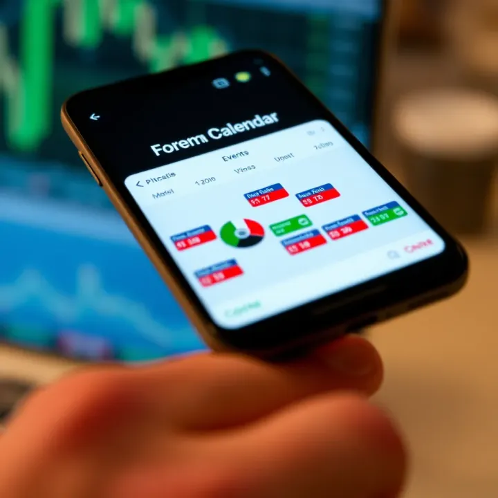 Close-up of a mobile device displaying a forex economic calendar with highlighted upcoming events and market impact indicators