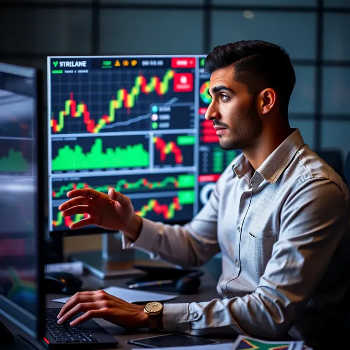 South African trader analyzing binary options charts on a computer screen with local currency symbols