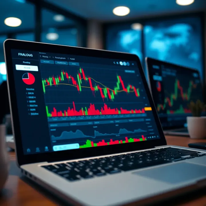 Interactive Online Platform for Forex Trading Education Digital platform interface showing forex trading charts and analytics tools on a laptop screen
