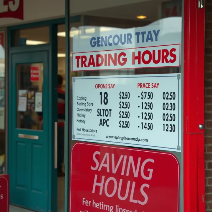 General Store Trading Hours Display in Port Elizabeth Exterior of a general store in Port Elizabeth with clear opening hours displayed on the door during daytime