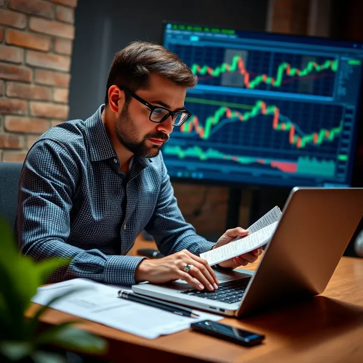 Individual reviewing trading strategies and notes with laptop and financial charts