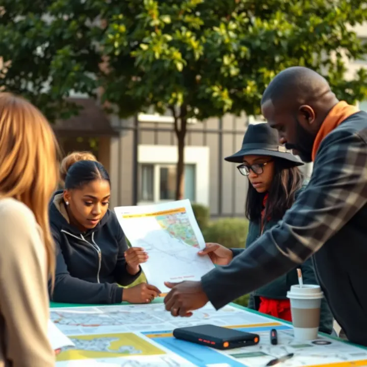 Community members engaging in neighborhood safety planning with maps and notes