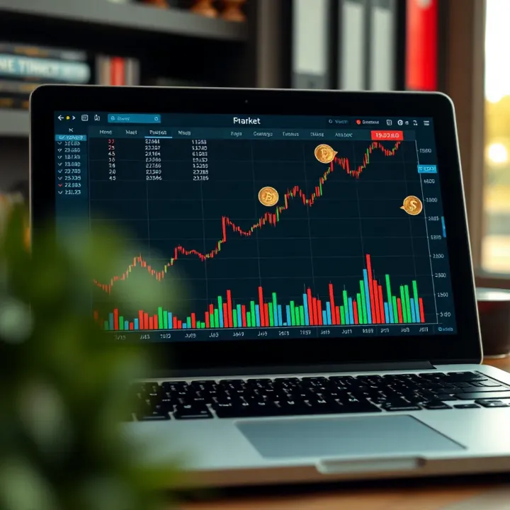 Graph showing upward trend with currency symbols around a laptop screen