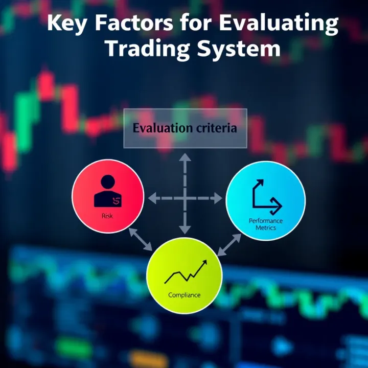 Diagram illustrating the evaluation criteria for selecting a forex trading system with icons representing risk management, performance metrics, and compliance