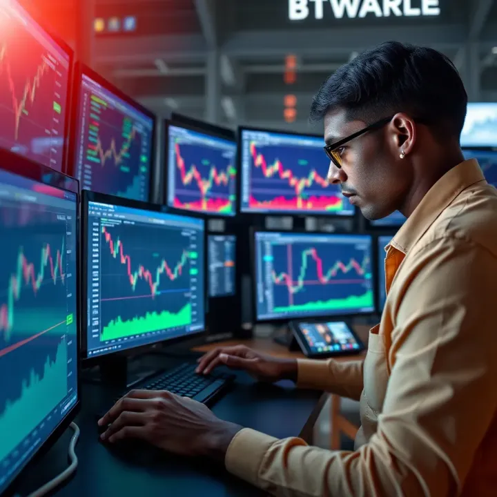 South African trader analyzing multiple screens showing binary options charts and data